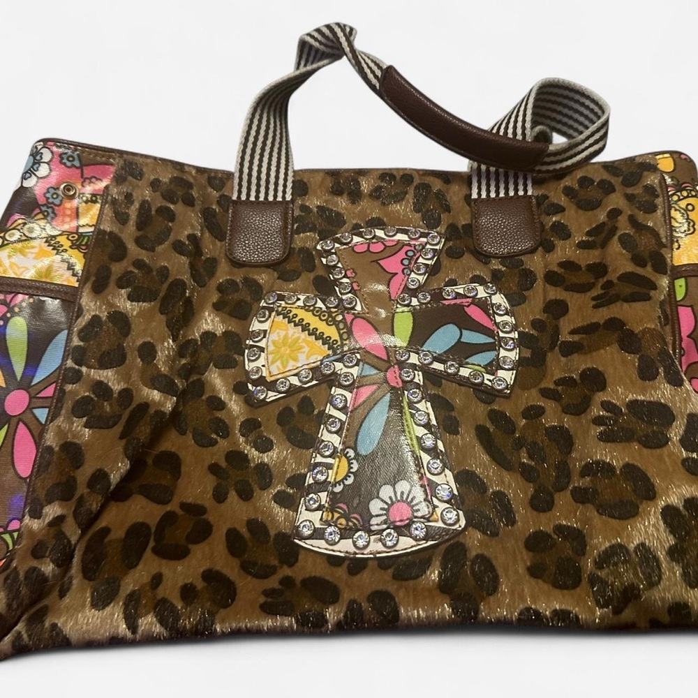 Cheetah Print Tote Bag with Cross Design